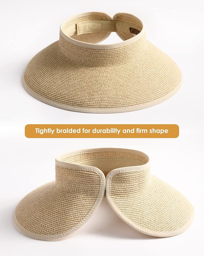 FURTALK Sun Hats for Women Wide Brim Beach Hat Straw Visor Ponytail Summer UV - Image 2