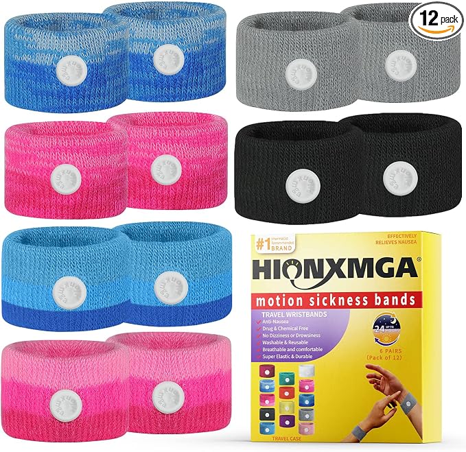 6 Pairs Motion Sickness Bands – Natural Anti Nausea Acupressure Wristbands by HIONXMGA