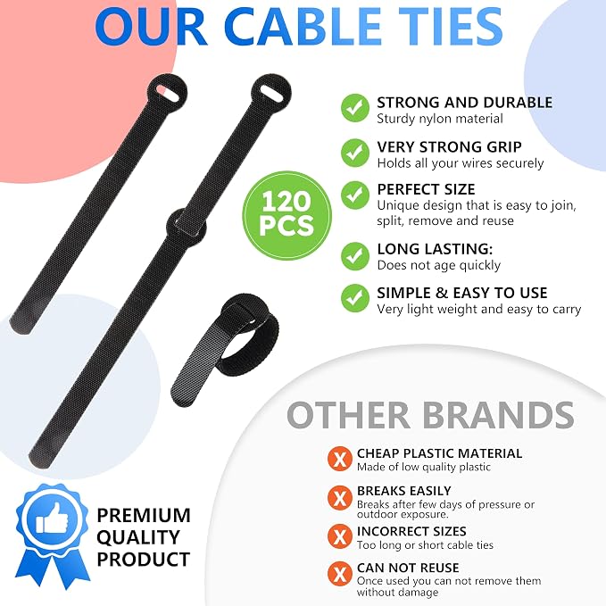 120 PCS 5/6/8 Inch Cord Wraps for Charging Cords – Data Cable Organizer Ties – - Image 3