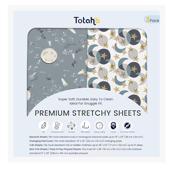 TotAha Space Mini Crib Sheets Fitted, Star & Moon Pack N Play Sheets, Super by TotAha%7CUnitedStates