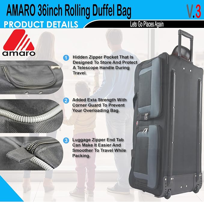 36" Rolling Duffle Bag with Wheels and Handle - Image 2