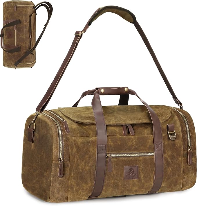 60L Travel Bags for Men, Nomad Washed Canvas Duffle Bag Vintage Genuine Leather by DensataTravelBag