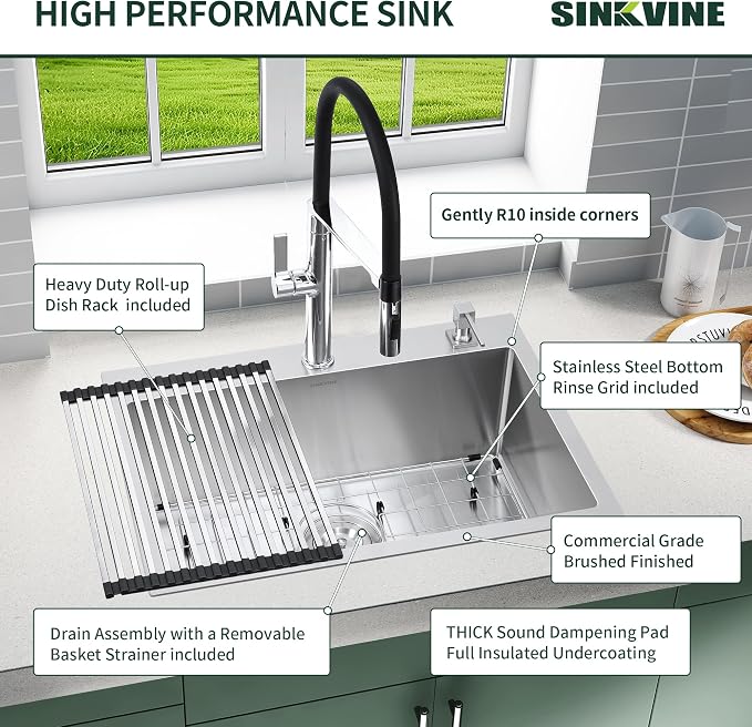 22 Inch Drop-In Kitchen Sink, SINKVINE 22" x 18" Stainless Steel Indoor and - Image 6