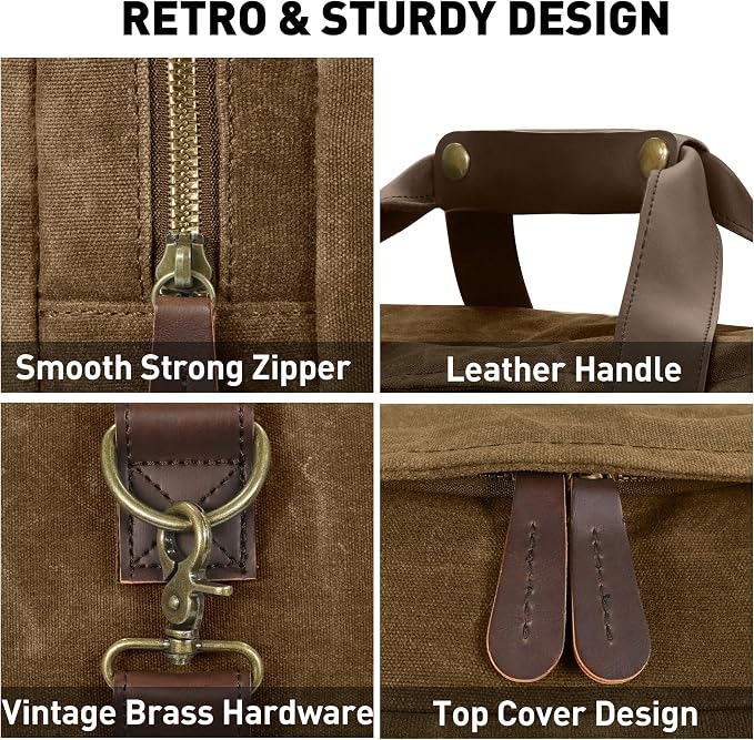 60L Travel Bags for Men, Nomad Washed Canvas Duffle Bag Vintage Genuine Leather - Image 5