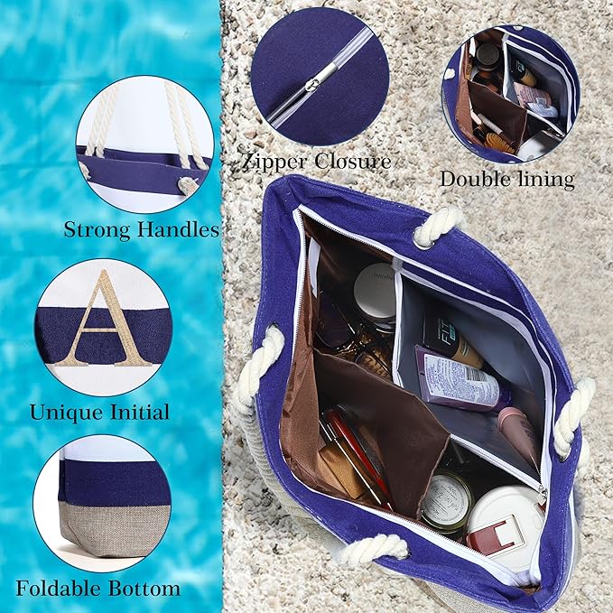 YOOLIFE Initial Canvas Waterproof Beach Tote Bag Zipper Personalized Gifts - Image 5