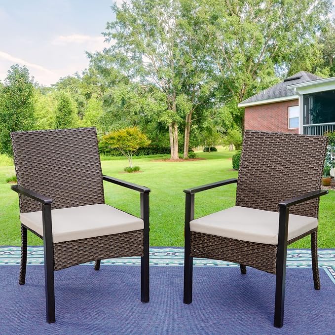 PHI VILLA Outdoor Wicker Chairs Set of 2, Rattan Covered Metal Armchairs - Image 9