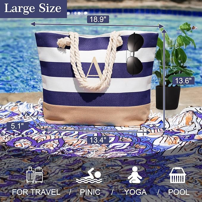 YOOLIFE Initial Canvas Waterproof Beach Tote Bag Zipper Personalized Gifts - Image 3