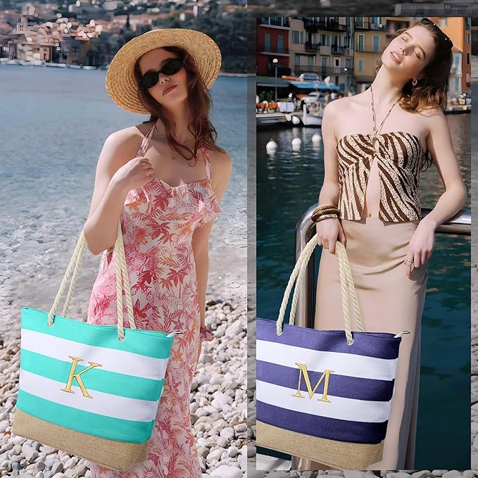 YOOLIFE Initial Canvas Waterproof Beach Tote Bag Zipper Personalized Gifts - Image 2