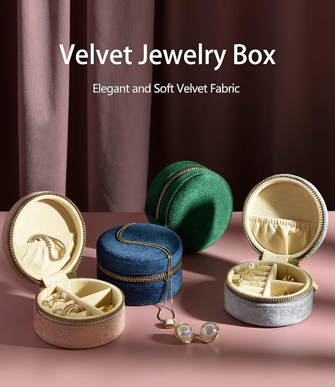 TAIMY Plush Velvet Travel Jewelry Box, Round Mini Travel Jewelry Case - Image 6