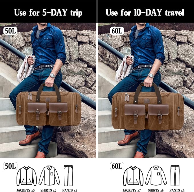 Waxed Canvas Duffle Bag for Men 50L Travel Duffel Bags Expandable Genuine - Image 3