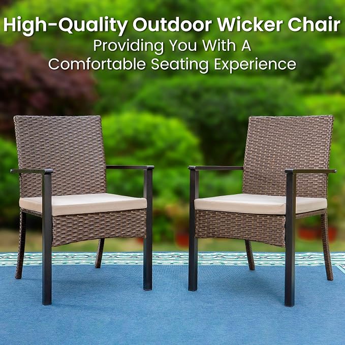 PHI VILLA Outdoor Wicker Chairs Set of 2, Rattan Covered Metal Armchairs - Image 2